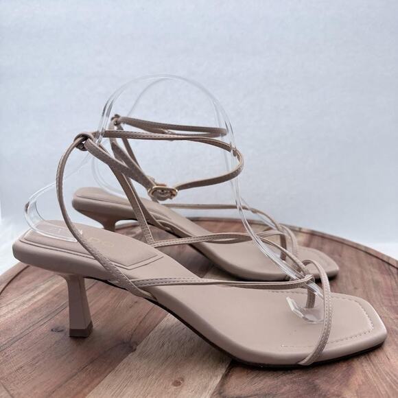Aldo Shoes Womens Size 9.5 Beige Strappy Square‎ Toe Kitten Heel Sandals Dress - Picture 1 of 13